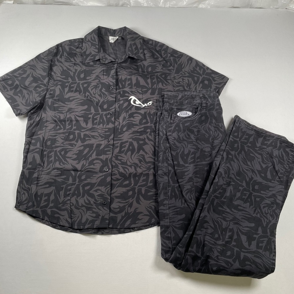 No Fear x H&M Matching‎ Set Shirt & Pants Y2K Graphic Black Gray Women's Size 10